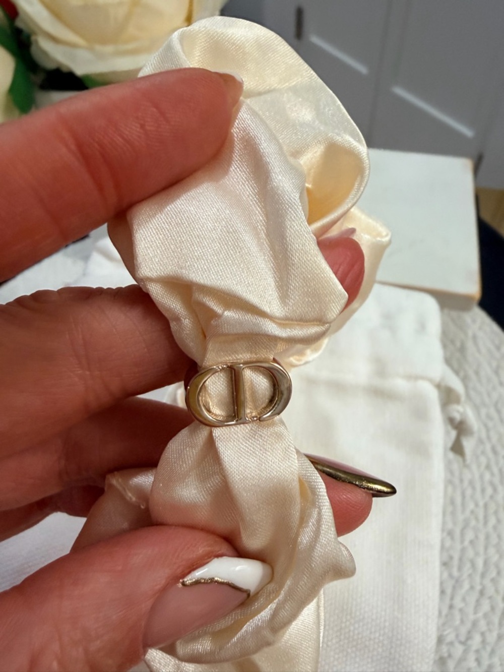 Dior Beaute Ivory Satin Scrunchie with Gold CD Charm in a Dior Dust Bag❣️✨ - Picture 5 of 7